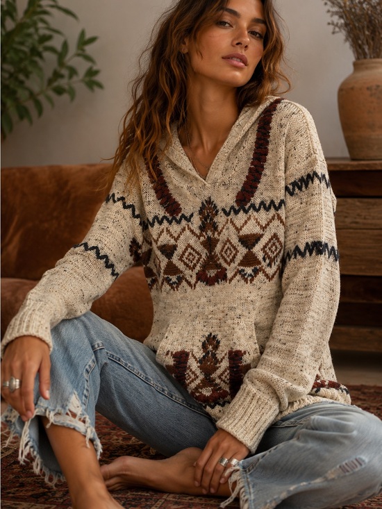 Free People Sweaters - Free People Aztec South Western Brown Hooded Kangaroo‎ Pocket Wool Blend Sweater